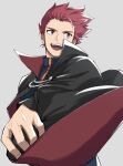  1boy :d black_cape blue_jacket cape commentary_request grey_background grey_eyes highres jacket lance_(pokemon) long_sleeves looking_back male_focus mocollie open_mouth pokemon pokemon_hgss popped_collar redhead short_hair simple_background smile solo spiky_hair teeth tongue upper_body 