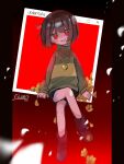  1other ahoge black_shorts brown_hair buttercup_(flower) chara_(undertale) closed_mouth crossed_legs dande_lion2604 flower fourth_wall green_sweater heart heart_necklace jewelry looking_at_viewer necklace red_eyes short_hair shorts sitting smile solo sweater undertale window_(computing) yellow_flower 