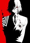 1boy akechi_gorou blending collared_shirt crossed_arms greyscale_with_colored_background hair_between_eyes male_focus necktie one_eye_covered persona persona_5 red_eyes school_uniform shirt short_hair solo spot_color striped_clothes two-tone_background vertical-striped_clothes vertical-striped_necktie zmore 