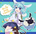  1girl animal_ears blue_eyes blue_hair boots drop_pop_candy_(vocaloid) highres hood hoodie long_sleeves moso4hc open_mouth original sheep short_hair skirt smile socks solo song_name wings 