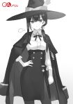  1girl absurdres breath brooch cape greyscale hand_on_own_hip hat highres jewelry long_hair majo_no_tabitabi mina_(majo_no_tabitabi) monochrome ribbon robe simple_background tmiuraga white_background witch witch_hat 