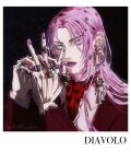  1boy aegyo_sal artist_name ascot black_background blue_eyes border character_name collared_shirt diavolo earrings eyelashes hagiko15 highres interlocked_fingers jewelry jojo_no_kimyou_na_bouken long_hair long_sleeves looking_at_viewer male_focus multiple_rings own_hands_together parted_bangs parted_lips pink_hair polka_dot_hair portrait purple_lips purple_nails red_ascot red_skirt ring shirt skirt solo twitter_username vento_aureo watch watch white_border white_shirt 