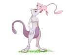  blue_eyes closed_mouth commentary_request floating full_body grass head_wreath highres looking_at_another mew_(pokemon) mewtwo mthchupaca no_humans nostrils pokemon pokemon_(creature) standing translation_request violet_eyes white_background 