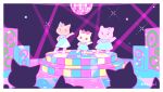  3girls :3 animated animated_gif bead_necklace beads blue_bow blue_dress border bow cat dancing disco_ball dress flower furry furry_female hair_flower hair_ornament jewelry lights looping_animation mai_narushima multiple_girls necklace original pink_bow signature sparkle speaker stage white_border 