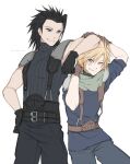  2boys arm_on_another&#039;s_head arm_up armor artist_name belt black_belt black_hair black_pants black_sweater blonde_hair blue_eyes blue_pants blue_shirt blush brown_gloves cloud_strife cowboy_shot crisis_core_final_fantasy_vii final_fantasy final_fantasy_vii gloves green_scarf grin hair_slicked_back hand_on_another&#039;s_arm hand_on_own_hip looking_at_another looking_down male_focus multiple_belts multiple_boys one_eye_closed pants pauldrons ruebird scar scar_on_face scarf shinra_infantry_uniform shirt short_hair shoulder_armor simple_background sleeveless sleeveless_sweater sleeveless_turtleneck smile spiky_hair suspenders sweater turtleneck turtleneck_sweater upper_body white_background zack_fair 