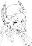  1girl buttons collared_dress dragon_girl dragon_horns dress frills glasses greyscale hat hatching_(texture) horns linear_hatching looking_at_viewer maid_headdress melusine_(housamo) mob_cap monochrome parted_lips pointy_ears revision sidelocks simple_background solo tass_commuovere tokyo_afterschool_summoners upper_body white_background 