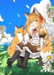 1girl :d animal_ears apron black_footwear black_skirt blue_sky blush boots clouds collared_shirt colored_inner_hair creature_and_personification daisy day falling_petals flower fox fox_ears fox_girl fox_tail frilled_skirt frills grass hair_between_eyes hair_ribbon highres hill kamiyoshi_rika knee_boots long_hair looking_at_viewer maid multicolored_hair one_side_up open_mouth orange_hair original outdoors petals puffy_short_sleeves puffy_sleeves red_ribbon ribbon shirt shoe_soles short_sleeves sidelocks sitting skirt sky smile solo stool streaked_hair tail waist_apron white_apron white_flower white_hair white_shirt yellow_eyes 