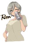  1girl asahi_breweries beer_can blush can character_name closed_mouth commentary_request drink_can girls_band_cry green_eyes grey_hair grey_shirt hand_on_own_hip highres holding holding_can mole mole_under_eye one_eye_closed rupa_(girls_band_cry) shirt shirt_slip short_hair simple_background smile solo upper_body usagii! white_background 