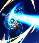  1boy absurdres aura blue_background blue_eyes blue_hair blue_pants blue_sash blue_shirt cowboy_shot dougi dragon_ball dragon_ball_super earrings energy energy_sword gloves gradient_background highres holding holding_sword holding_weapon jewelry lafia_db looking_at_viewer male_focus medium_hair muscular muscular_male pants potara_earrings sash shirt signature solo spiky_hair super_saiyan super_saiyan_blue sword vegetto weapon white_gloves 