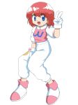  1girl :d blue_eyes cocia_(kosianko) commentary_request full_body gloves highres multicolored_footwear open_mouth pants pastel_(twinbee) puffy_sleeves redhead shoes short_hair short_sleeves smile solo twinbee v white_gloves white_pants 