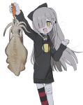 1girl :d @_@ absurdres blunt_bangs cephalopod fangs fishing_lure grey_hair hair_ornament hair_over_one_eye highres long_hair original oyasu_miyo_(vreparty) rabbit_hair_ornament simple_background single_thighhigh smile sweater thigh-highs vreparty white_background yellow_eyes 