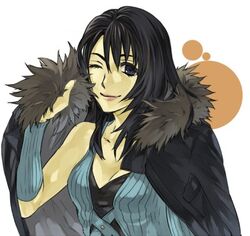  1girl black_hair black_jacket black_tank_top borrowed_clothes brown_fur commentary_request dated_commentary detached_sleeves final_fantasy final_fantasy_viii fur-trimmed_jacket fur_trim hair_over_shoulder hinokami jacket jacket_on_shoulders long_hair lowres one_eye_closed rinoa_heartilly sleeveless_duster smile solo squall_leonhart tank_top upper_body white_background 