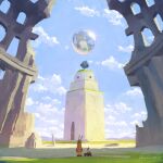  1boy abandoned animal_ears blue_sky building clouds day floating floating_object highres katou_oswaldo land_rover orb original outdoors rabbit_boy rabbit_ears scenery sky solo spacesuit tree 