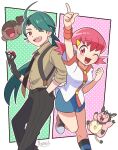  2girls :d ;d ahoge arm_up black_necktie blush bright_pupils clodsire collared_shirt commentary_request eyelashes gloves green_hair hair_ornament hairclip hand_in_pocket highres kneehighs knees long_hair miltank multiple_girls necktie one_eye_closed open_mouth pants pink_hair pokemon pokemon_(creature) pokemon_hgss pokemon_sv ponytail quriltai red_eyes rika_(pokemon) shirt shoes short_sleeves shorts smile socks striped_clothes striped_socks suspenders teeth upper_teeth_only white_pupils whitney_(pokemon) 
