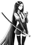 1other absurdres black_hair bort greyscale highres houseki_no_kuni katana long_hair makeup monochrome necktie shorts simple_background socks solo suspenders sword very_long_hair weapon white_background yonq98