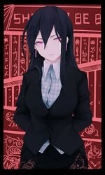  1girl arms_behind_back black_border black_hair black_jacket border breasts brh closed_mouth collared_shirt cowboy_shot dress_shirt earrings hair_between_eyes highres jacket jewelry long_hair long_sleeves looking_at_viewer original pink_eyes red_background shirt solo white_shirt 