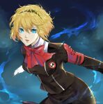  1girl aegis_(persona) aura blonde_hair blue_eyes bow bowtie breasts commentary_request eyelashes gekkoukan_high_school_uniform gloves hair_between_eyes highres looking_at_viewer maxrise_s open_mouth persona persona_3 persona_3_reload red_bow red_bowtie school_uniform short_hair solo white_gloves 