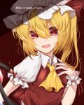  1girl ascot blonde_hair crystal_wings fang flandre_scarlet highres open_mouth puffy_short_sleeves puffy_sleeves red_background red_eyes red_ribbon ribbon short_sleeves simple_background solo sorami_rem touhou upper_body white_mob_cap wrist_cuffs yellow_ascot 