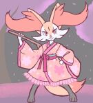  1girl animal_ear_fluff animal_ears animal_feet animal_nose arm_up black_fur body_fur braixen cherry_blossoms closed_mouth commentary_request flat_chest flat_color floral_print_kimono fox_ears fox_girl fox_tail full_body furry furry_female gardear058 hand_on_own_hip happy holding holding_stick jaggy_lines japanese_clothes kimono legs_apart long_sleeves looking_at_viewer multicolored_fur orange_kimono outdoors petals pokemon pokemon_(creature) red_eyes sash smile solo standing stick tail tree white_fur wide_sleeves yellow_fur 