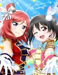  2girls :d ;d anniversary artist_name black_hair blue_bow blue_bowtie blue_sky blush bow bowtie commentary_request epaulettes feather_hair_ornament feathers gloves grin hair_between_eyes hair_ornament hat highres holding_hands interlocked_fingers looking_at_viewer love_live! love_live!_school_idol_project medium_hair mini_hat multiple_girls nishikino_maki one_eye_closed open_mouth pink_shirt pom_pom_(clothes) pom_pom_hair_ornament red_eyes red_hat red_shirt redhead shiratama_(siratama_ll) shirt signature sky sleeveless sleeveless_shirt smile swept_bangs teeth twintails upper_body upper_teeth_only violet_eyes white_gloves yazawa_nico 
