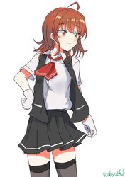  1girl absurdres ahoge arashi_(kancolle) black_skirt black_vest brown_eyes collared_shirt dress_shirt facing_viewer gloves grey_thighhighs highres kantai_collection looking_back medium_hair neckerchief one-hour_drawing_challenge red_neckerchief redhead robinson_(day_l_full) school_uniform shirt simple_background skirt solo thigh-highs vest white_background white_gloves white_shirt 