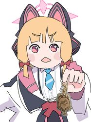 1girl animal_ears arm_up black_headphones black_jacket black_suspenders blonde_hair blue_archive blue_necktie blunt_bangs blush bob_cut bow bowtie buttons cat_ear_headphones cat_ears chain collared_shirt commentary_request cowboy_shot fake_animal_ears fukkun_(fukkunmania) gold_chain hair_bow hair_tubes halo hand_up head_only headphones highres holding holding_key jacket key keychain long_sleeves looking_at_viewer meme momoi_(blue_archive) naughty_face necktie open_mouth oversized_clothes oversized_jacket photo photo_inset pink_eyes pink_halo pink_headphones pink_jacket pink_sailor_collar pink_trim pov purple_eyes red_bow red_bowtie ribbed_shirt sailor_collar shirt short_hair sidelocks single_stripe solo striped striped_necktie suspender_skirt suspenders two-tone_eyes two-tone_headphones v-shaped_eyebrows white_jacket white_necktie white_sailor_collar white_shirt