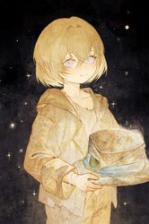  1boy absurdres aged_down aventurine_(honkai:_star_rail) bandaged_wrist bandages black_background blonde_hair bob_cut calendulamew child chinese_commentary closed_mouth collarbone commentary_request cowboy_shot crossed_bangs dot_nose facing_viewer hair_intakes hat highres holding holding_clothes holding_hat honkai:_star_rail honkai_(series) jacket kakavasha_(honkai:_star_rail) light_blush light_smile long_sleeves looking_at_viewer male_focus multicolored_eyes open_clothes open_jacket split_mouth starry_background unworn_hat unworn_headwear violet_eyes 