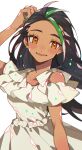  1girl black_hair blush brown_eyes cowboy_shot dark-skinned_female dark_skin dress freckles frilled_dress frills green_hair hand_on_own_head highres kawasaki_(kwsk_8765) long_hair looking_at_viewer multicolored_hair nail_polish nemona_(pokemon) open_mouth pokemon pokemon_sv solo streaked_hair twitter_username two-tone_hair white_background yellow_dress 