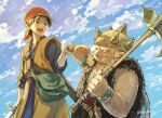  2boys :d axe bandana belt blue_sky brown_eyes brown_hair clouds commentary_request dragon_quest dragon_quest_viii fist_bump green_bag hero_(dq8) highres holding holding_axe holding_sword holding_weapon macho_ojiji male_focus multiple_boys open_mouth orange_bandana outdoors scar scar_on_arm scar_on_face short_hair sky smile spiked_helmet sword teeth upper_teeth_only weapon yangus 