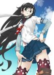  black_hair blue_sailor_collar blue_skirt blue_sky clouds green_eyes hairband hand_on_own_hip highres kantai_collection layered_sleeves long_hair long_sleeves necktie ooyodo_(kancolle) parted_lips red_necktie sailor_collar school_uniform serafuku shirt short_over_long_sleeves short_sleeves skirt sky smile tanabe_(fueisei) thigh-highs white_hairband white_shirt 