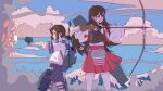  2girls absurdres akagi_(kancolle) blue_sailor_collar blue_skirt bow_(weapon) brown_eyes brown_hair closed_mouth clouds commentary_request cowboy_shot double-parted_bangs drawing_bow feet_out_of_frame firing flight_deck fubuki_(kancolle) hair_between_eyes hakama hakama_short_skirt hakama_skirt highres holding holding_bow_(weapon) holding_turret holding_weapon japanese_clothes kantai_collection long_hair looking_ahead low_ponytail medium_hair midriff_peek multiple_girls muneate muzzle_flash nontraditional_miko open_mouth outdoors outstretched_arm pleated_skirt quiver red_ribbon ribbon rigging sailor_collar sgm_miguel shirt short_sleeves sidelocks skirt smoke standing tasuki thigh-highs thigh_strap torpedo_launcher turret waving weapon white_shirt white_thighhighs wide_sleeves zettai_ryouiki 