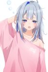  1girl amane_kanata arm_behind_head bare_shoulders blue_hair grey_hair hair_intakes highres hololive off_shoulder open_mouth oversized_clothes oversized_shirt pink_shirt shirt simple_background solo sui._(suikun) violet_eyes virtual_youtuber white_background yawning 