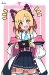  1girl :d absurdres animal_ear_headphones animal_ears artist_name black_skirt blonde_hair blue_archive blue_necktie blush bow cat_ear_headphones commentary_request fake_animal_ears hair_bow halo handheld_game_console headphones hendra highres holding holding_handheld_game_console jacket long_sleeves looking_at_viewer momoi_(blue_archive) necktie nintendo_switch open_mouth pink_background pink_eyes pink_halo pleated_skirt red_bow shirt short_hair skirt smile standing teeth thigh-highs thighs upper_teeth_only white_jacket white_shirt zettai_ryouiki 