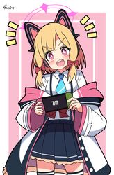  1girl :d absurdres animal_ear_headphones animal_ears artist_name black_skirt blonde_hair blue_archive blue_necktie blush bow cat_ear_headphones commentary_request fake_animal_ears hair_bow halo handheld_game_console headphones hendra highres holding holding_handheld_game_console jacket long_sleeves looking_at_viewer momoi_(blue_archive) necktie nintendo_switch open_mouth pink_background pink_eyes pink_halo pleated_skirt red_bow shirt short_hair skirt smile standing teeth thigh-highs thighs upper_teeth_only white_jacket white_shirt zettai_ryouiki 