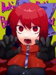  1girl akatsuki_records alternate_costume black_bodysuit bodysuit bow capelet claw_pose commentary_request fang hair_bow highres looking_at_viewer lower_teeth_only medium_bangs open_mouth purple_bow red_capelet red_eyes redhead ribbon-trimmed_bow rock_&#039;n&#039;_rock_&#039;n&#039;_beat sekibanki sekibanki_day short_hair solo takayo_(user_yeah3737) teeth touhou upper_body zipper 