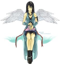  1girl angel_wings arm_ribbon artist_name bike_shorts bike_shorts_under_skirt black_footwear black_hair black_ribbon black_shorts black_tank_top blue_skirt boots closed_eyes commentary_request dated dated_commentary detached_sleeves feathered_wings final_fantasy final_fantasy_viii full_body gift hair_over_shoulder hands_up hinokami invisible_chair jewelry light_smile long_hair miniskirt necklace red_ribbon ribbon ring ring_necklace rinoa_heartilly shadow shorts sitting skirt sleeveless_duster solo tank_top unwrapping white_background white_wings wings 