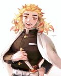  1boy 28cg absurdres belt black_jacket blonde_hair buttons cape highres jacket kimetsu_no_yaiba long_sleeves looking_at_viewer multicolored_hair open_mouth orange_eyes rengoku_kyoujurou signature smile solo streaked_hair sword teeth thick_eyebrows two-tone_eyes two-tone_hair weapon white_background white_belt white_cape 