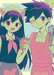  1boy 1girl animal_ears apron blush cat_ears collared_shirt colored_skin fake_animal_ears hairband hero_(headspace)_(omori) hero_(omori) highres holding holding_notepad holding_pencil holding_spatula long_hair long_sleeves looking_at_viewer mari_(headspace)_(omori) mari_(omori) mechanical_pencil menma_(enaic31) neckerchief notepad official_alternate_costume omori one_eye_closed open_mouth pajamas pencil pink_apron purple_hair purple_sweater_vest red_neckerchief shirt short_hair short_sleeves smile spatula sweater_vest white_shirt white_skin 