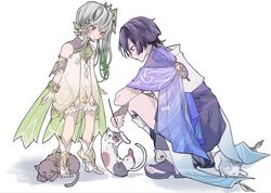  1boy 1girl absurdres armlet belt black_belt black_shorts black_socks bloomers blue_cape blunt_ends bracelet cape cat detached_sleeves double-parted_bangs dress genshin_impact gold gradient_hair green_eyes green_hair hair_between_eyes hair_ornament highres japanese_clothes jewelry kimono leaf leaf_hair_ornament looking_down multicolored_hair nahida_(genshin_impact) nani_yue_(mayomayonezzzzz) open_hands playing purple_hair sandals scaramouche_(genshin_impact) shorts side_ponytail sidelocks socks squatting standing stirrup_footwear stirrup_legwear tassel toeless_footwear toeless_legwear toes violet_eyes wanderer_(genshin_impact) white_background white_bloomers white_dress white_hair white_kimono wristlet 