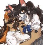  2girls alternate_species animal_ear_fluff animal_ears animal_hands black_fur black_hair blue_bow blue_bowtie body_fur borrowed_character bow bowtie brown_eyes brown_hair cat_ears cat_girl collared_shirt colored_inner_hair fangs furry furry_female grey_skirt hands_up highres long_hair looking_at_viewer mouth_hold multicolored_hair multiple_girls open_mouth orange_hair original plaid plaid_skirt pleated_skirt ponytail rata_(norahasu) school_uniform shirt simple_background skirt slit_pupils stuffed_animal stuffed_mouse stuffed_toy upper_body whiskers white_background white_fur white_shirt 