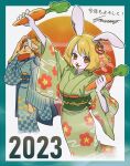  2023 2girls animal_ears arm_up blonde_hair blue_border blue_kimono blue_sash blush border carrot carrot_(one_piece) circle commentary_request dog_ears floral_print green_kimono green_sash hair_ornament holding holding_carrot japanese_clothes kimono looking_ahead looking_at_viewer multiple_girls obi one_piece profile rabbit_ears rabbit_girl sash short_hair smile souma_(soumadian) wanda_(one_piece) wide_sleeves 