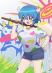 1girl absurdres bell blue_hair blue_shorts cow_girl cow_tail fang highres jashin-chan_dropkick looking_at_viewer minos_(jashin-chan_dropkick) neck_bell oversized_object paint_on_body paint_splatter paint_splatter_on_face painting_(action) red_eyes shadow_(modeler3622) shirt short_hair shorts solo t-shirt tail white_shirt white_t-shirt