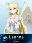  1girl alternate_eye_color angel_wings blonde_hair commission commissioner_upload dress english_text feathered_wings fire_emblem fire_emblem:_path_of_radiance fire_emblem:_radiant_dawn fire_emblem_engage grey_eyes hair_between_eyes highres keldancon leanne_(fire_emblem) long_hair own_hands_clasped own_hands_together smile solo_focus white_dress white_wings wings 