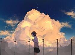  1girl clouds cloudy_sky crying golden_hour highres konno_makoto naktk school_uniform short_hair sky solo toki_wo_kakeru_shoujo 