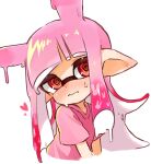  1girl @_@ animal_ears blush heart highres inkling inkling_girl inkling_player_character multicolored_hair pink_hair pink_shirt pointy_ears rabbit_ears red_eyes shirt simple_background splatoon_(series) splatoon_3 sweatdrop tentacle_hair vq32s white_background 