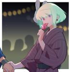  2boys androgynous armband blush commentary_request earrings festival food galo_thymos green_hair holding holding_food holding_hands holding_popsicle japanese_clothes jewelry kimono licking lio_fotia looking_down male_focus mask multiple_boys night ns1123 popsicle promare purple_kimono rabbit_mask short_hair sidelocks single_earring sparkle striped_clothes tongue tongue_out upper_body violet_eyes 