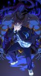  2boys abs armband arms_at_sides asamine_matakara blue_skin braid bucchigiri?! colored_skin covering_face evil_smile eye_trail full_body gakuran genie highres ichiya_(bucchigiri?!) large_pectorals legs_apart light_trail looking_at_viewer male_focus mouth_trail multiple_boys muscular muscular_male navel oekaki_shitou offering_hand pectorals school_uniform smile stomach twin_braids 