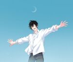  1boy absurdres black_hair blue_background blue_sky collared_shirt crescent_moon curly_hair given highres light_particles male_focus moon murata_ugetsu open_mouth outdoors outstretched_arms pants pinoli_(pinoli66) shirt sky smile solo spread_arms upper_body white_shirt 