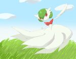  1girl arm_up blue_sky bob_cut clouds colored_skin commentary day dress elbow_gloves flat_chest full_body gardevoir gloves grass green_hair hair_between_eyes highres long_dress looking_at_viewer mega_gardevoir mega_pokemon no_mouth outdoors outstretched_arms pokemon pokemon_(creature) red_eyes rve short_hair sky solo spread_arms standing white_dress white_gloves white_skin 