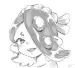  1girl :d artist_name asymmetrical_hair bare_shoulders cephalopod_eyes collarbone commentary_request earrings fangs hair_over_one_eye highres horizontal_pupils jewelry long_hair monochrome multiple_earrings octoling open_mouth plum0o0 portrait shiver_(splatoon) short_eyebrows signature simple_background smile solo splatoon_(series) splatoon_3 suction_cups teeth tentacle_hair tooth_earrings white_background 